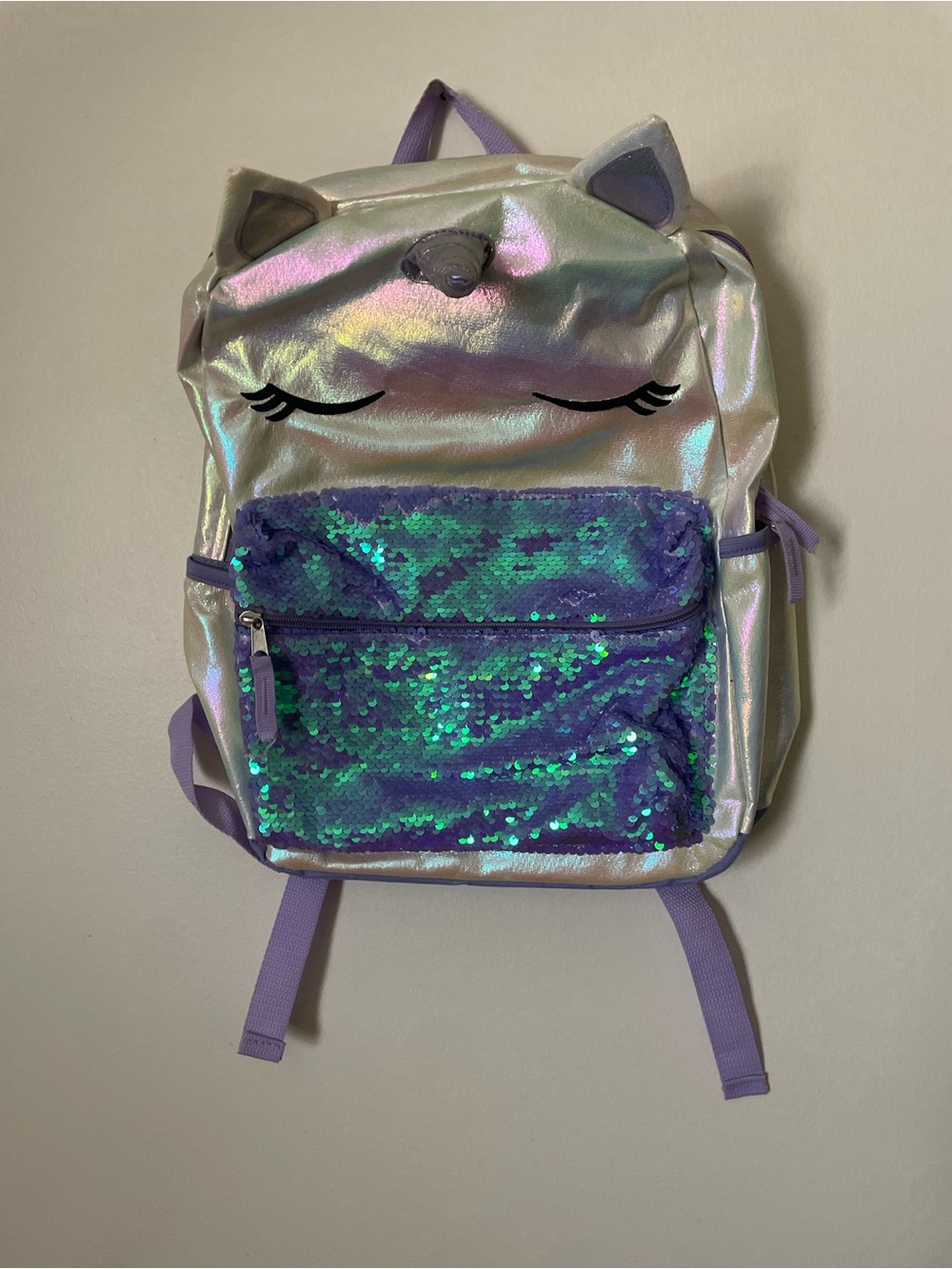 Iridescent Unicorn Kids Backpack with Purple Sequin Pocket